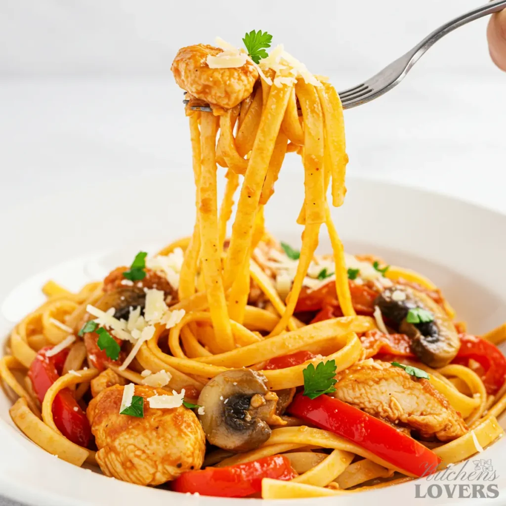 A close-up shot of a fork lifting a perfect bite of Cacciatore Fettuccine, showcasing the chicken, pasta, and sauce.