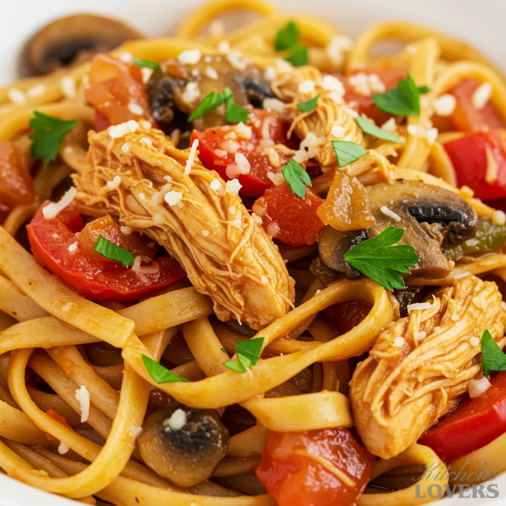 An extreme macro close-up of Chicken Cacciatore Fettuccine, showing the detailed texture of the chicken, sauce, vegetables, and grated cheese.