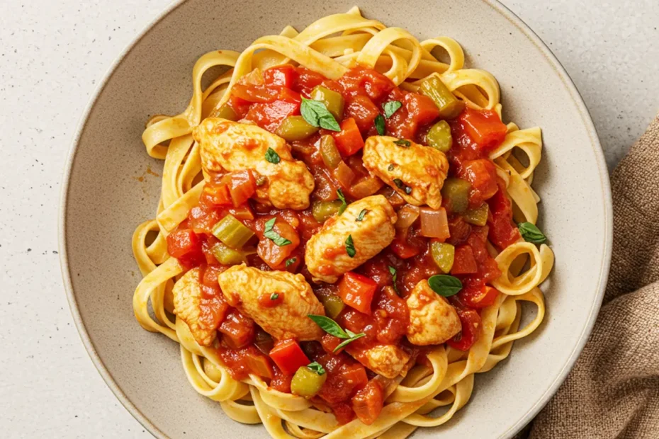 A top-down photo of a hearty Chicken Cacciatore Pasta Recipe in a ceramic bowl, garnished with fresh herbs.
