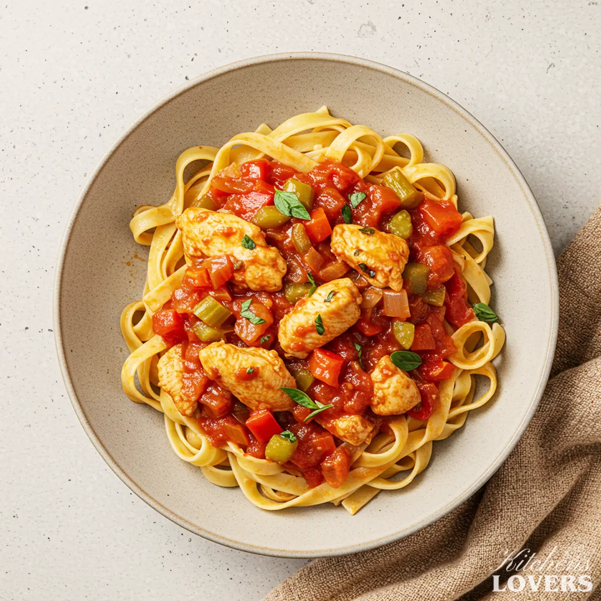 A top-down photo of a hearty Chicken Cacciatore Pasta Recipe in a ceramic bowl, garnished with fresh herbs.