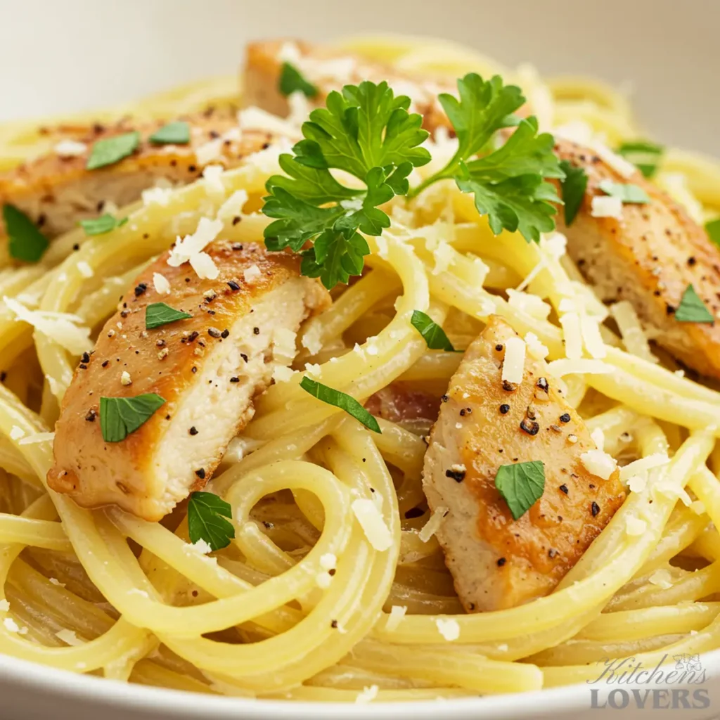 An extreme close-up of chicken carbonara, showing the detailed texture of the creamy sauce, spaghetti, seared chicken, and fresh parsley garnish.