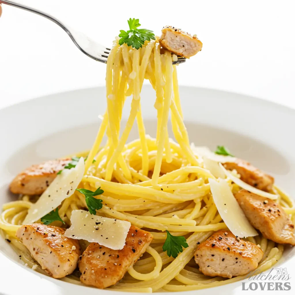 A fork lifting a perfect bite of creamy pasta with a piece of tender, seared chicken toward the viewer.