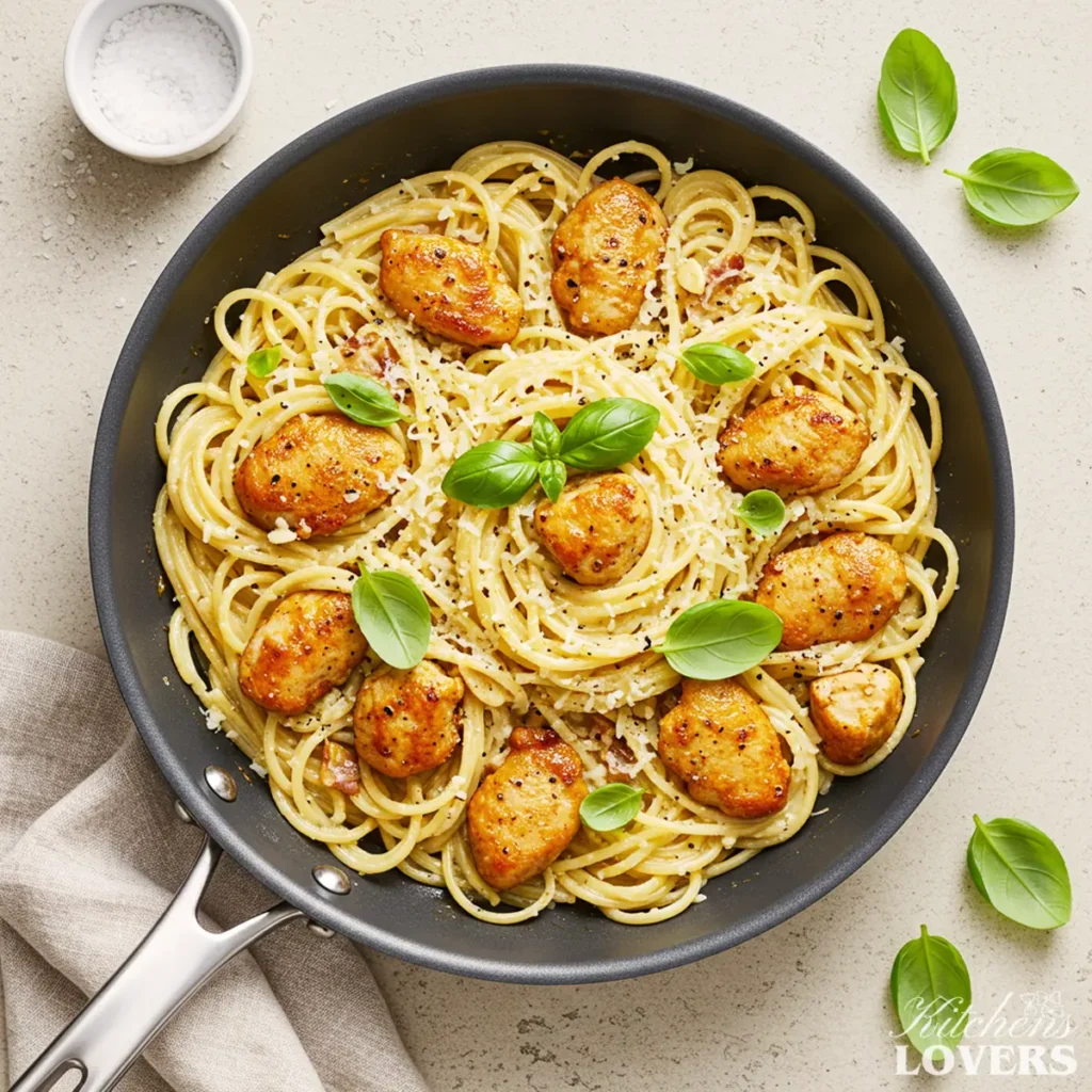 A top-down photo of creamy Chicken Carbonara with golden chicken, fresh basil, and grated cheese in a dark skillet.