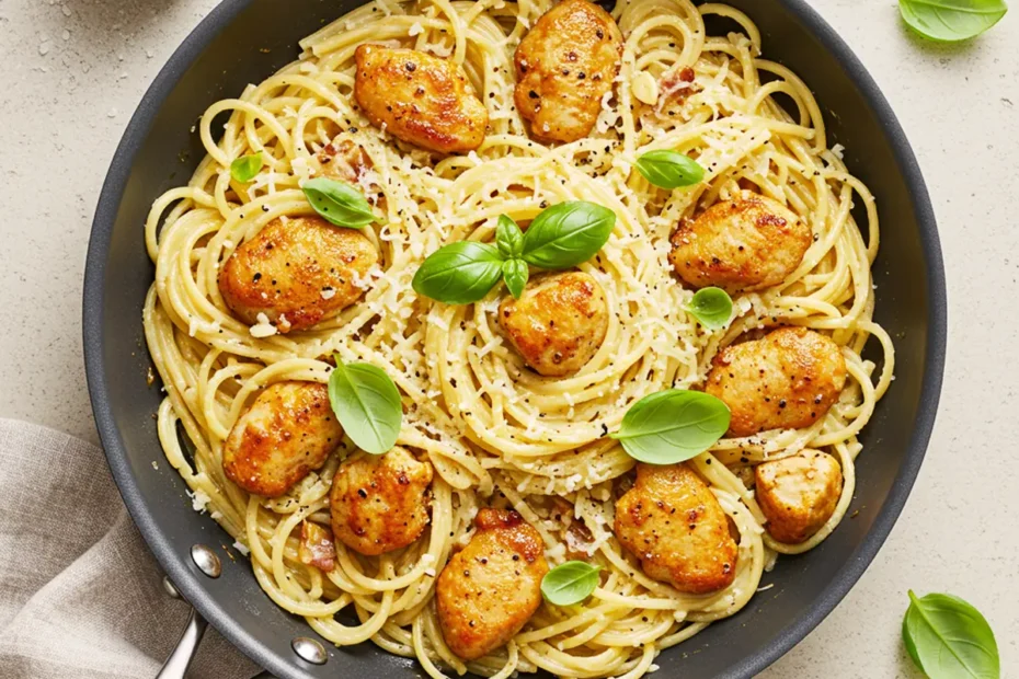 A top-down photo of creamy Chicken Carbonara with golden chicken, fresh basil, and grated cheese in a dark skillet.