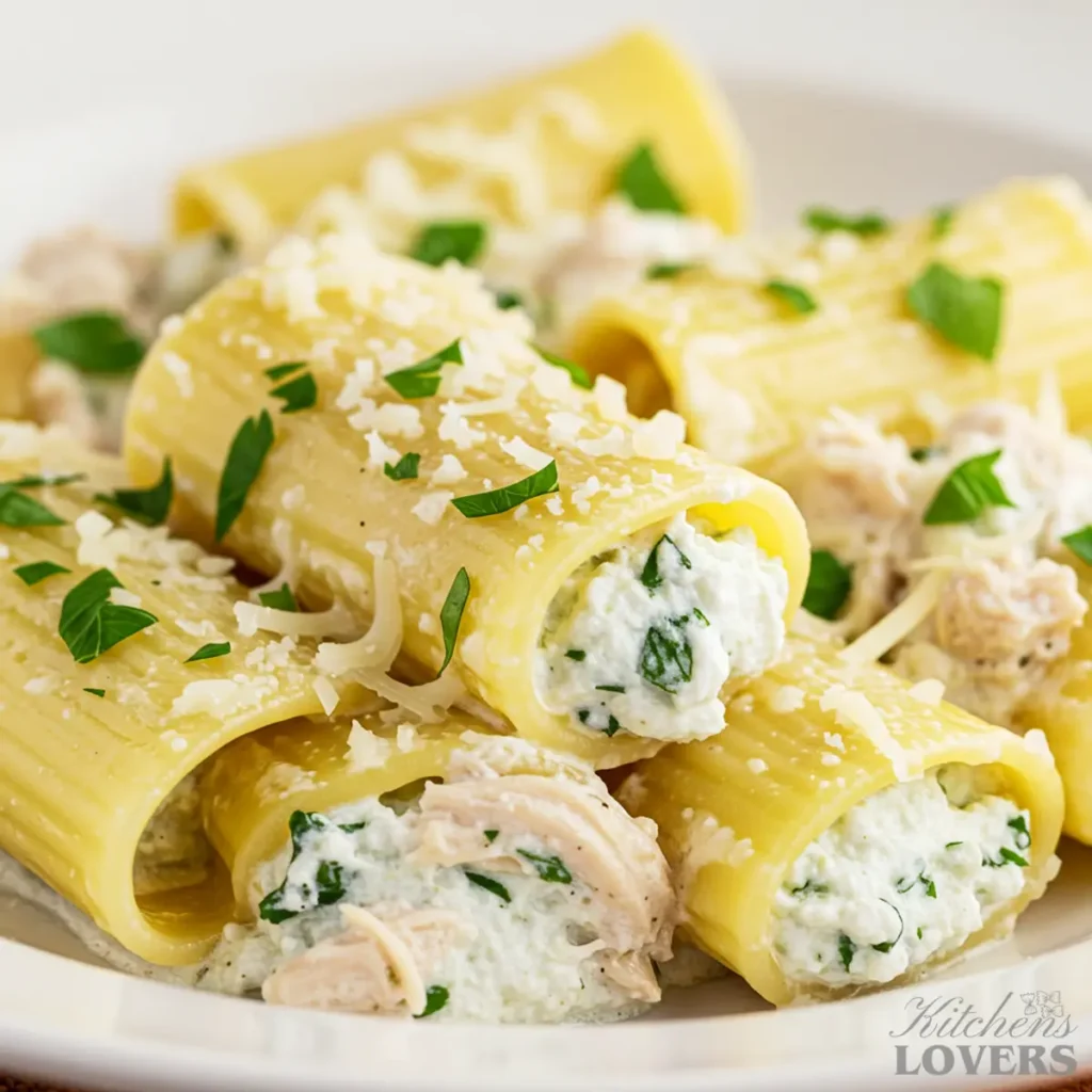 Extreme close-up of a baked pasta tube covered in creamy white sauce, bubbly melted cheese, and a parsley garnish.