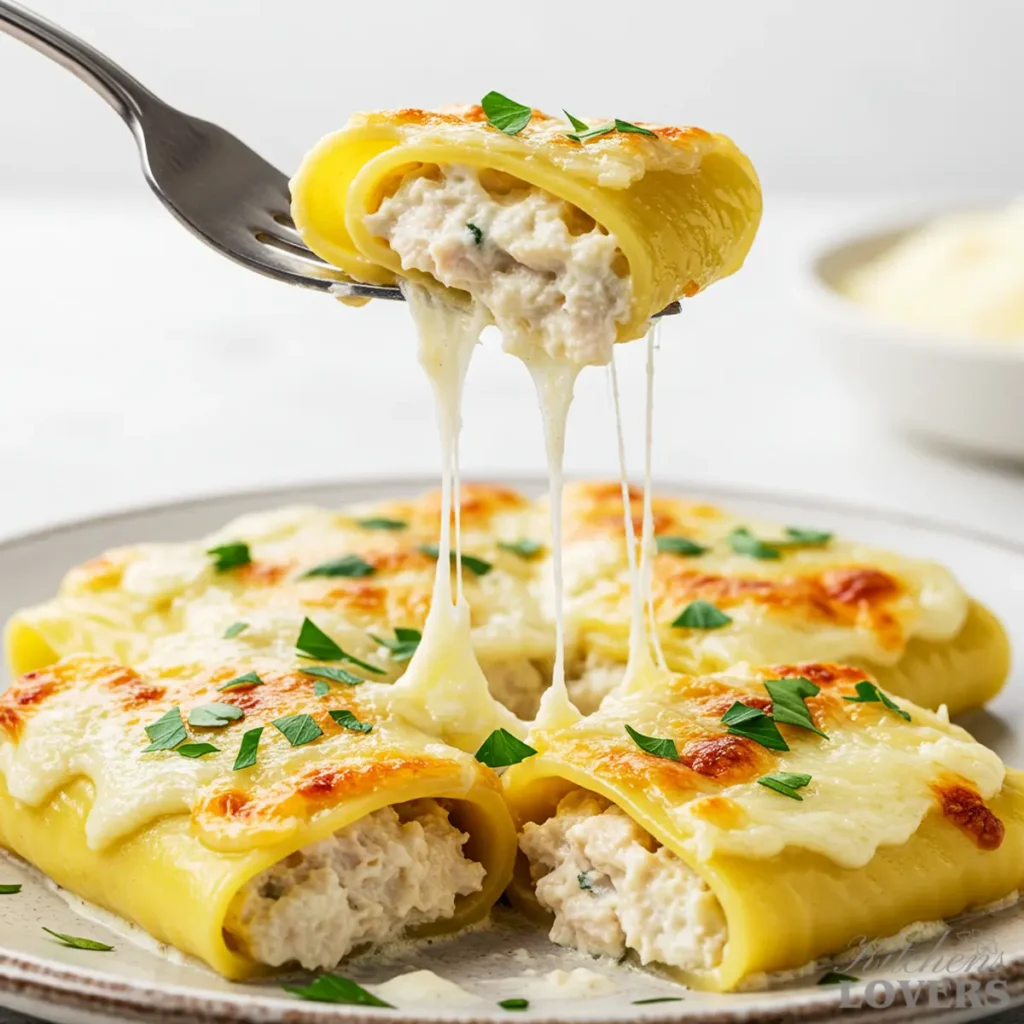A fork lifting a piece of chicken manicotti from a plate, showing the creamy chicken and ricotta filling inside the pasta tube.