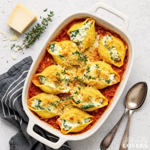 A top-down photo of homemade chicken manicotti baked in a creamy sauce, garnished with fresh parsley.