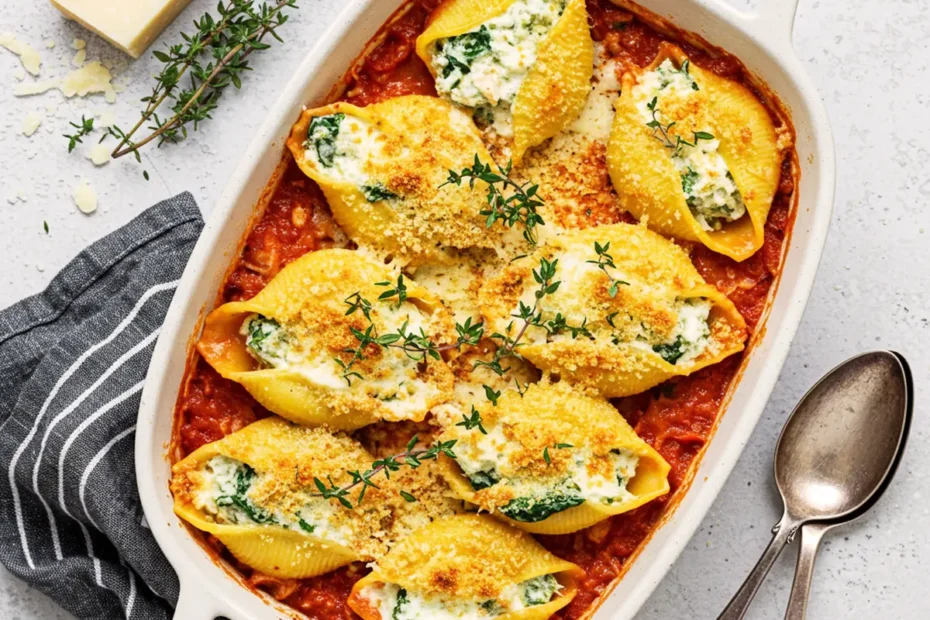 A top-down photo of homemade chicken manicotti baked in a creamy sauce, garnished with fresh parsley.