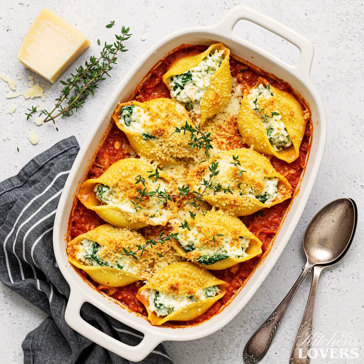 A top-down photo of homemade chicken manicotti baked in a creamy sauce, garnished with fresh parsley.