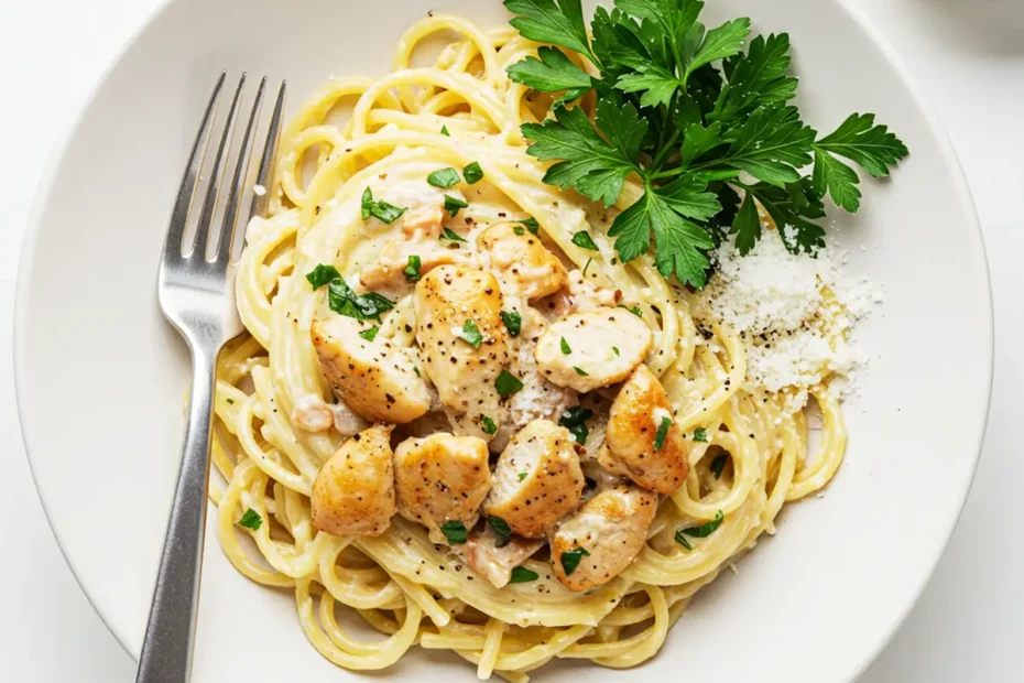 An overhead shot of a white bowl filled with creamy chicken carbonara, topped with seared chicken, fresh parsley, and cracked black pepper.