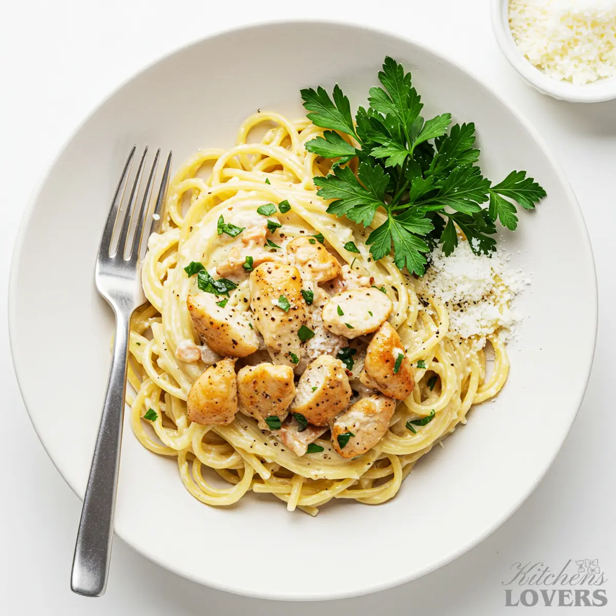 An overhead shot of a white bowl filled with creamy chicken carbonara, topped with seared chicken, fresh parsley, and cracked black pepper.