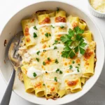 Overhead view of a white ceramic baking dish filled with creamy chicken manicotti, topped with melted mozzarella cheese and fresh parsley.