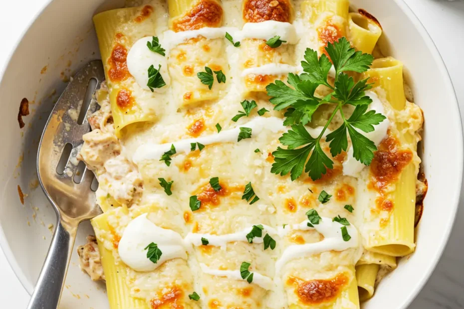 Overhead view of a white ceramic baking dish filled with creamy chicken manicotti, topped with melted mozzarella cheese and fresh parsley.