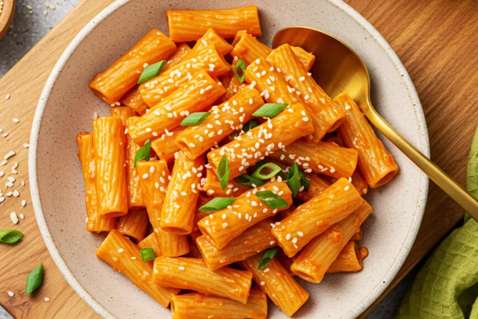 A top-down photo of creamy gochujang pasta in a rustic bowl, garnished with scallions and sesame seeds.