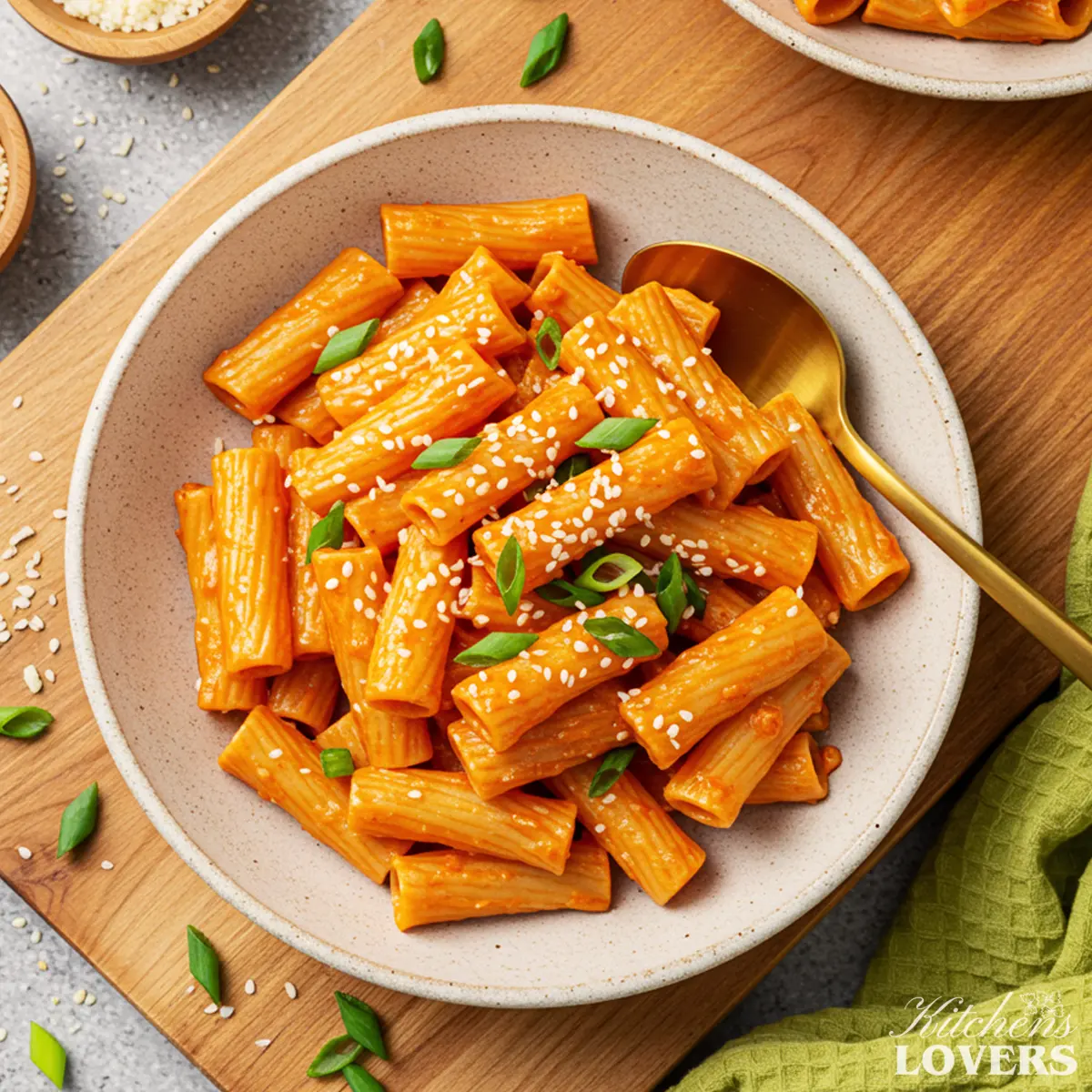 A top-down photo of creamy gochujang pasta in a rustic bowl, garnished with scallions and sesame seeds.
