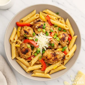 A top-down photo of creamy Jerk Chicken Pasta in a bowl, garnished with green onions and Parmesan cheese.