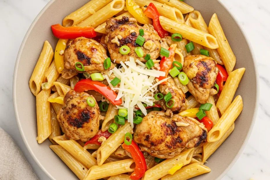 A top-down photo of creamy Jerk Chicken Pasta in a bowl, garnished with green onions and Parmesan cheese.