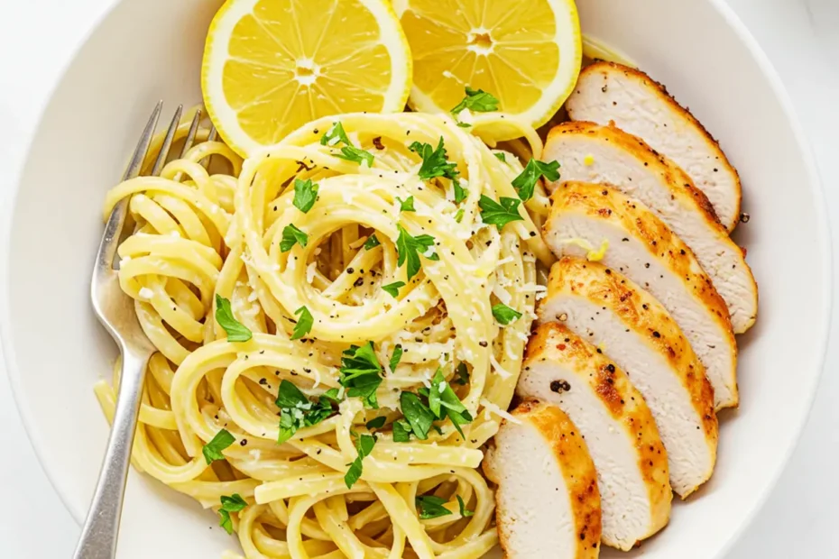 A top-down shot of Creamy Lemon Chicken Pasta in a large white bowl, garnished with lemon wedges, fresh parsley, and slices of seared chicken.