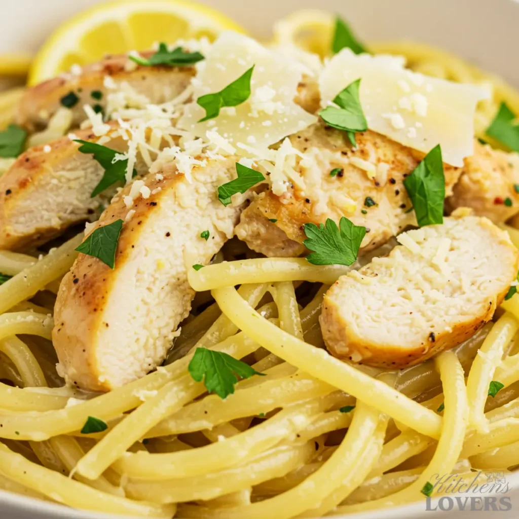  A macro photograph showing the detailed texture of spaghetti coated in a creamy sauce with flecks of fresh parsley.