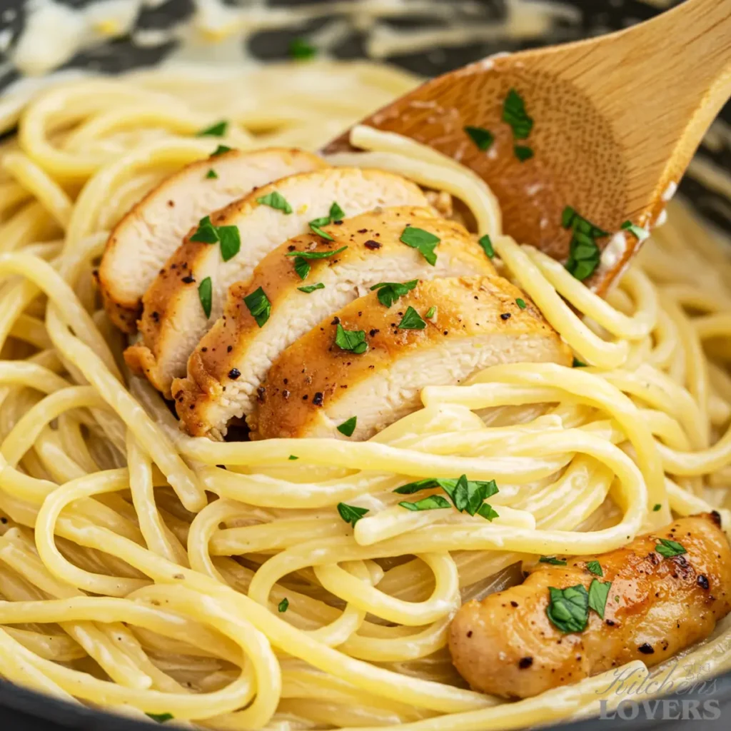 A close-up action shot of creamy lemon chicken pasta being stirred in a skillet with a wooden spoon, showing the silky texture of the sauce.