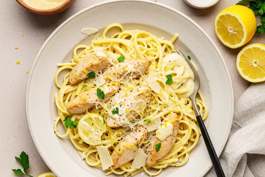 A 90-degree flatlay photo of creamy lemon chicken pasta in a rustic off-white bowl, garnished with fresh parsley.