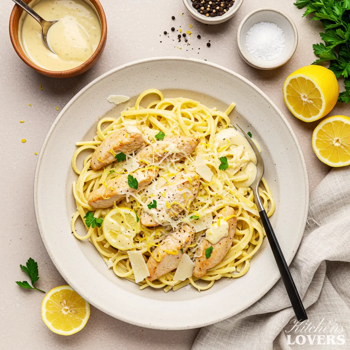 A 90-degree flatlay photo of creamy lemon chicken pasta in a rustic off-white bowl, garnished with fresh parsley.