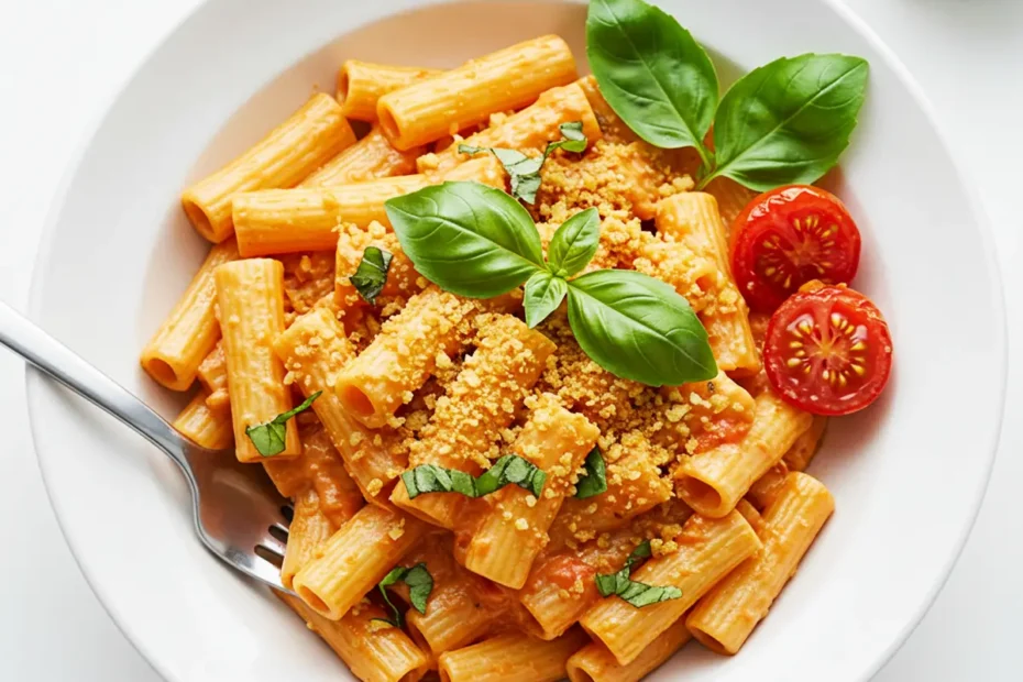Overhead view of a white ceramic bowl filled with four cheese rigatoni pasta in a creamy pink sauce, garnished with basil chiffonade, toasted breadcrumbs, and a side of grated cheese.