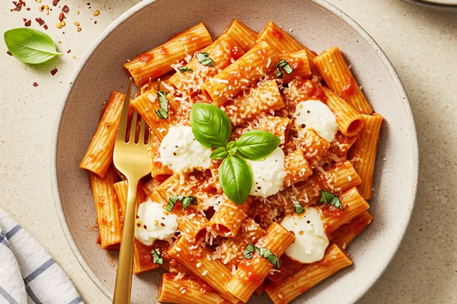 A top-down photo of Four Cheese Pasta Cheesecake Factory with rich marinara, melted cheese, and fresh basil.