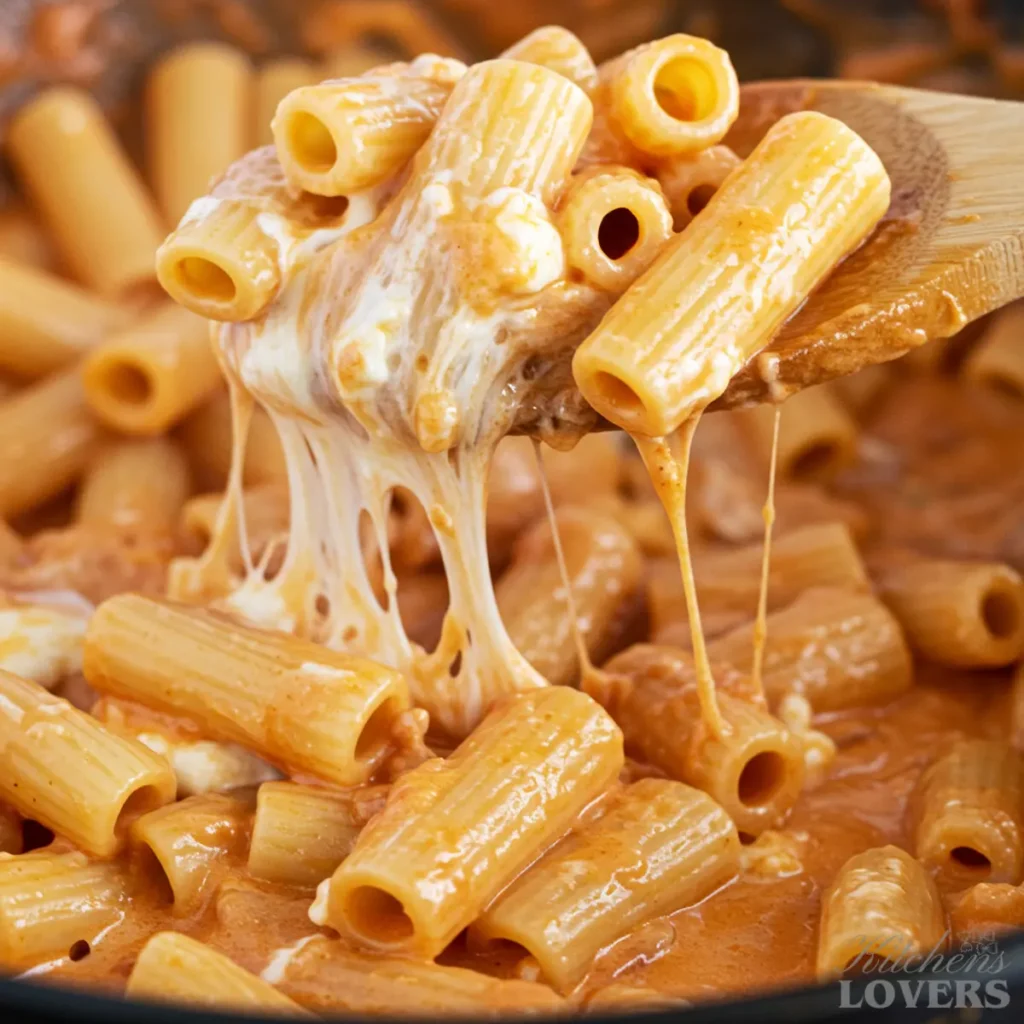 A close-up macro photo showing a wooden spoon stirring creamy four cheese rigatoni pasta in a skillet, with the melted cheeses and pink sauce clearly visible.