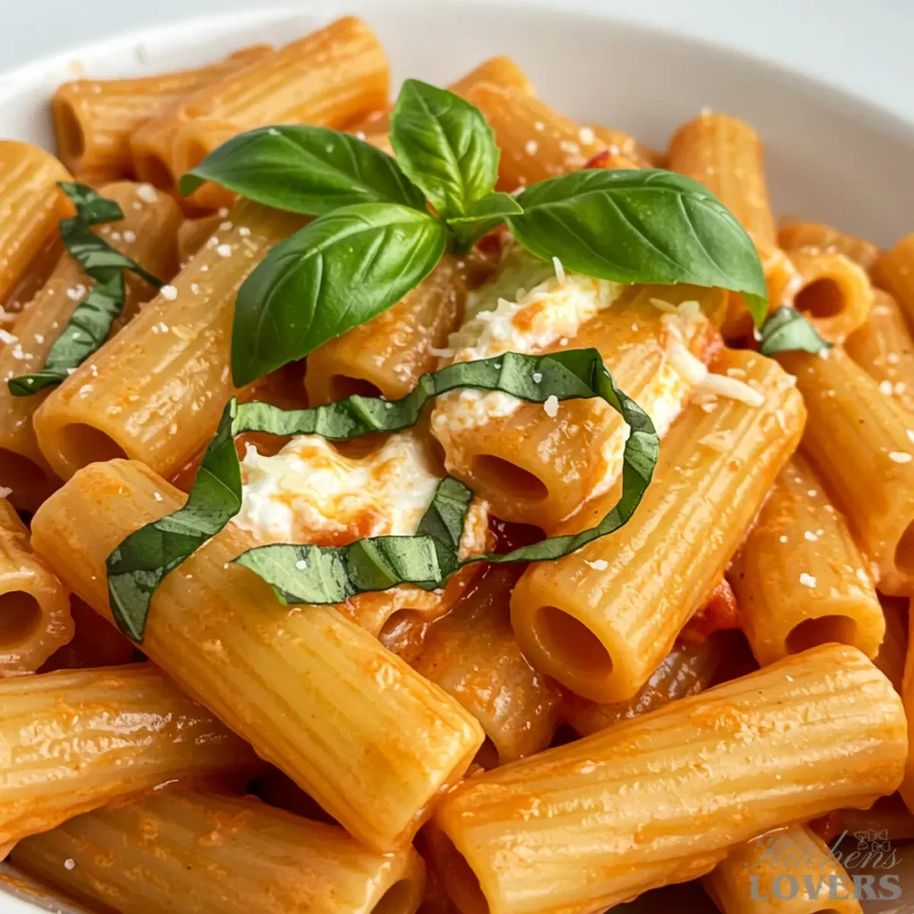 An extreme close-up, macro shot of four cheese rigatoni, focusing on the detailed texture of the creamy pink sauce, melted cheese, and fresh basil garnish.