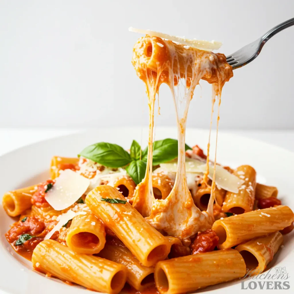 Close-up shot of a fork lifting a perfect bite of four cheese rigatoni from a bowl, showing a creamy pink sauce and a delicate cheese pull from melted mozzarella.