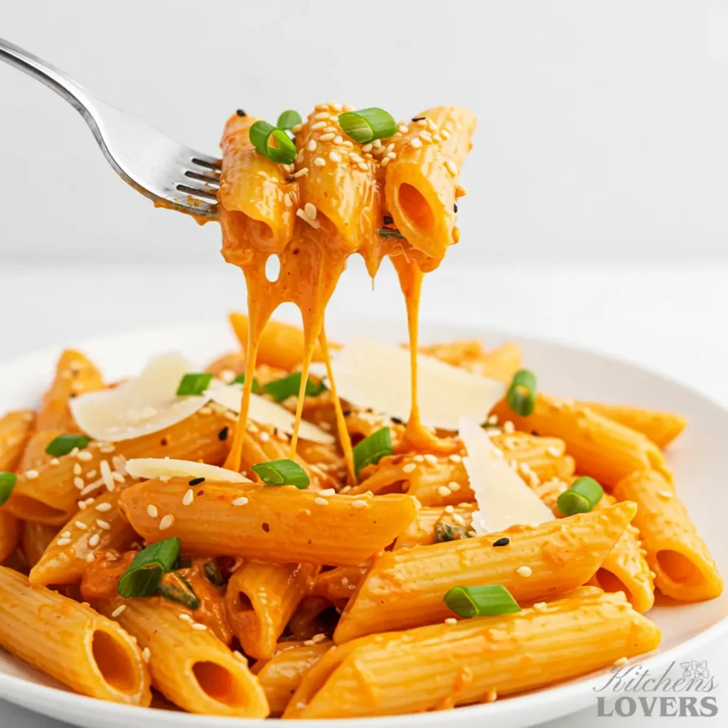 A close-up, eye-level shot of a fork lifting a perfect bite of creamy cheesy penne pasta out of a bowl.