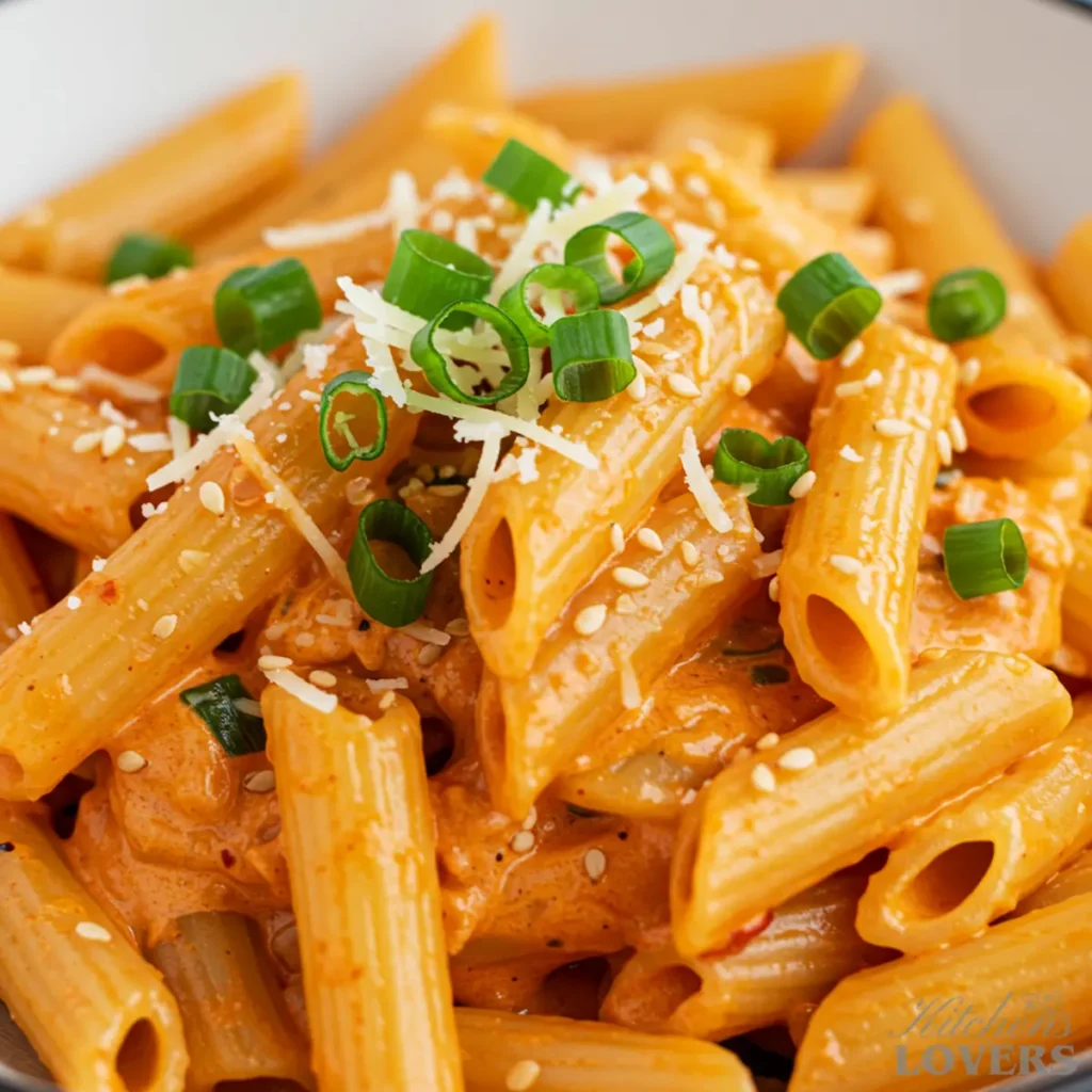 Extreme close-up of penne pasta, detailing the creamy texture of the sauce with fresh scallions and sesame seeds.
