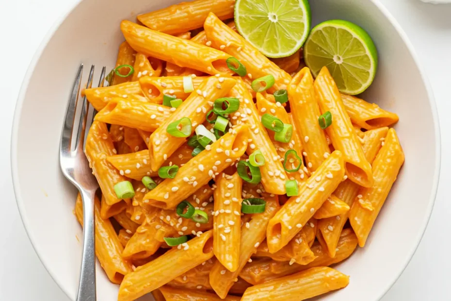 A high-angle overhead shot of a white bowl filled with creamy gochujang rigatoni pasta, garnished with scallions, sesame seeds, and lime wedges.