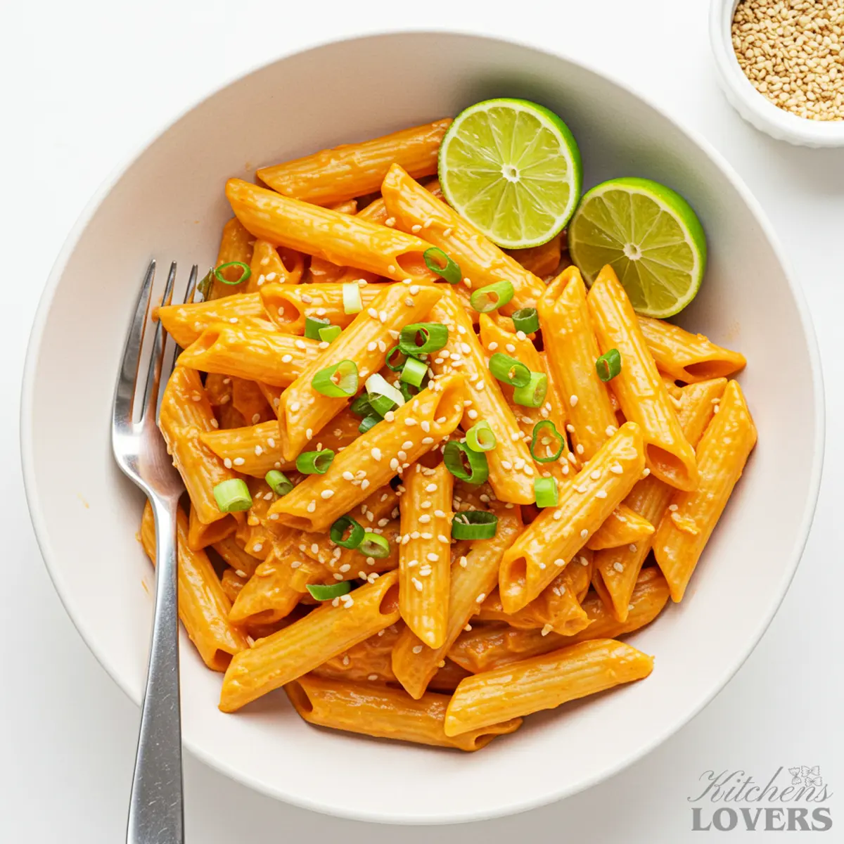A high-angle overhead shot of a white bowl filled with creamy gochujang rigatoni pasta, garnished with scallions, sesame seeds, and lime wedges.