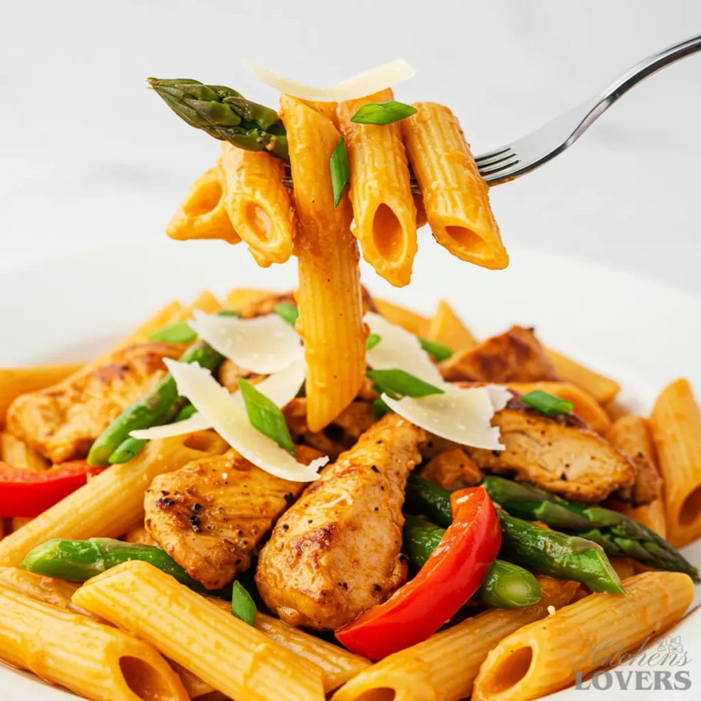 A fork lifting a perfect bite of Jerk Chicken Pasta towards the camera. The bite includes a piece of chicken, a red bell pepper slice, and asparagus, all coated in a creamy sauce.