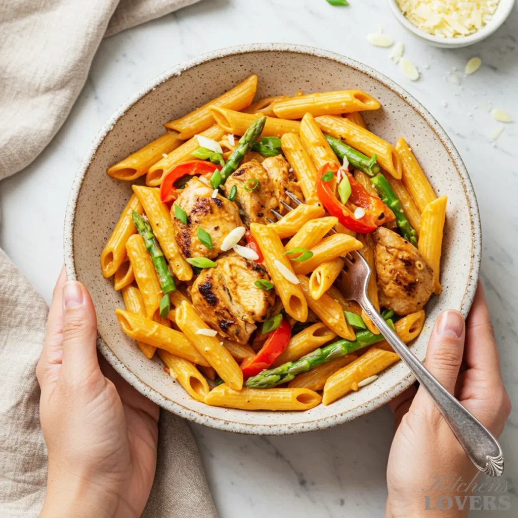  A person's hands are holding a rustic speckled bowl filled with homemade Jerk Chicken Pasta. The dish is colorful and creamy, and the background is a bright, airy kitchen scene.