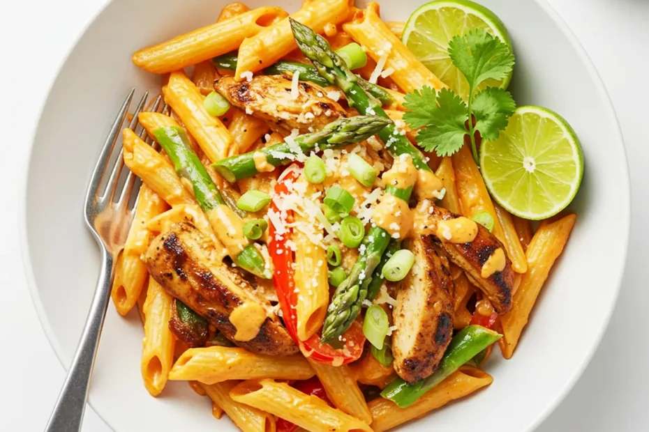 A close-up shot of Jerk Chicken Pasta being mixed with a wooden spoon in a skillet. The creamy orange sauce is visibly coating the penne, chicken, and colorful peppers.