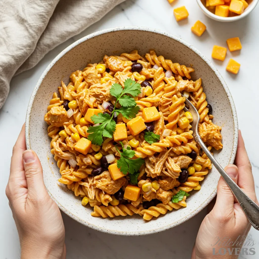 A person's hands are holding a rustic stoneware bowl filled with a creamy pasta salad with chicken and herbs, ready to be served.