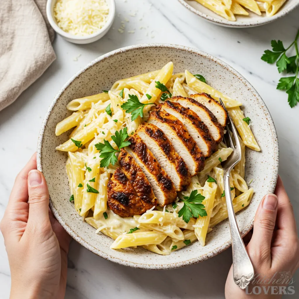 kate hands holding a rustic stoneware bowl filled with comforting blackened chicken pasta with parsley and Parmesan.
