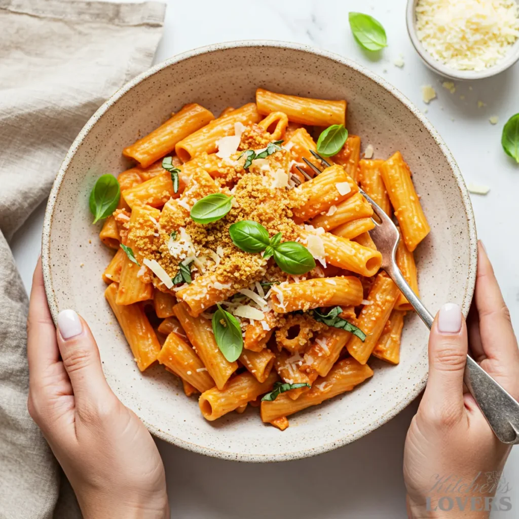 Kate hands with white nails holding a rustic stoneware bowl filled with four cheese rigatoni, garnished beautifully. A marble background is visible.