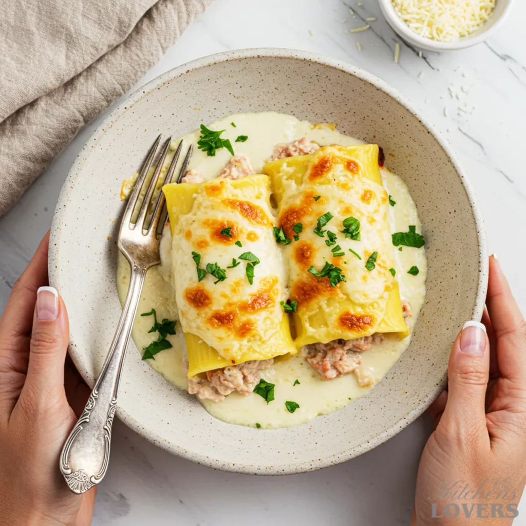 Kate holding a rustic stoneware bowl containing a serving of creamy chicken manicotti, garnished with parsley.