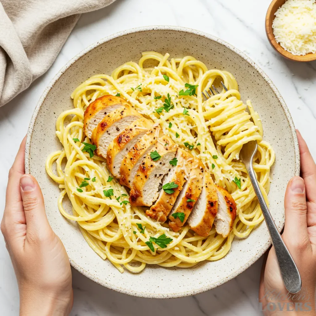 Kate hands holding a rustic speckled bowl of chicken pasta with a creamy sauce.