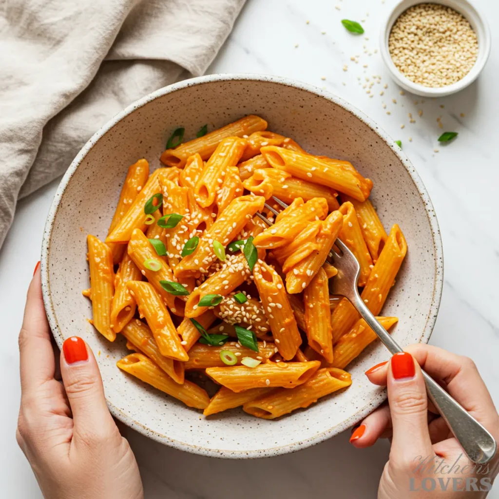 Kate hands holding a rustic stoneware bowl filled with creamy gochujang penne, garnished with scallions and sesame seeds.