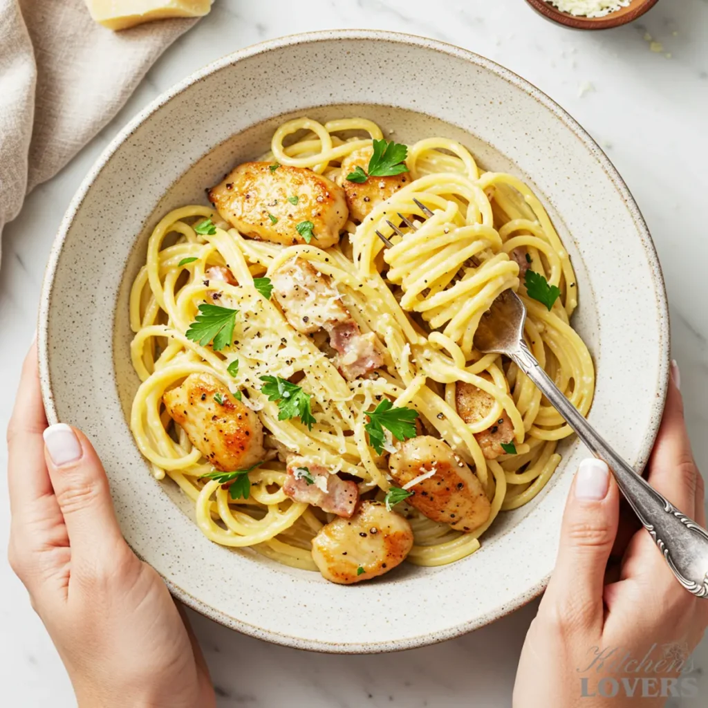 Kate Thompson's hands holding a rustic stoneware bowl filled with her signature creamy spaghetti carbonara.