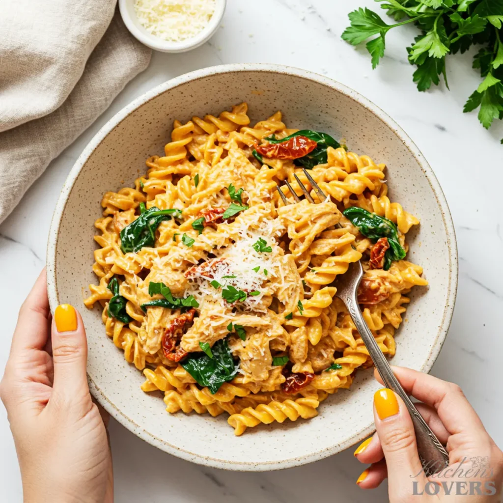 Kate Thompson's hands holding a stoneware bowl filled with creamy Marry Me Chicken Pasta.