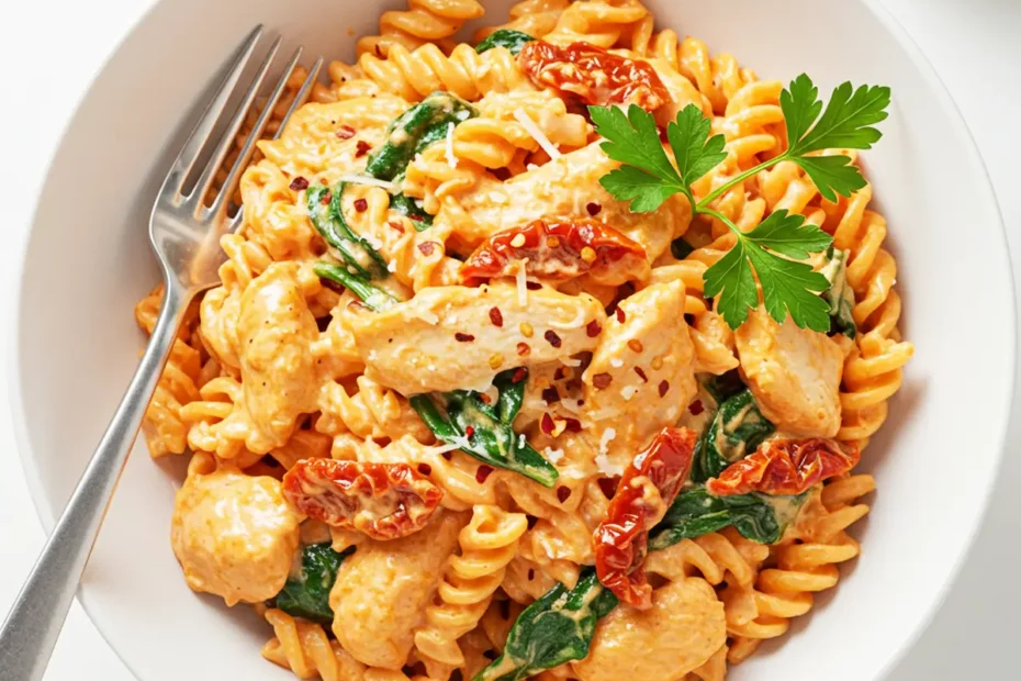 An overhead shot of a white bowl filled with Marry Me Chicken Pasta, featuring rotini in a creamy tomato sauce with chicken and spinach, garnished with parsley.