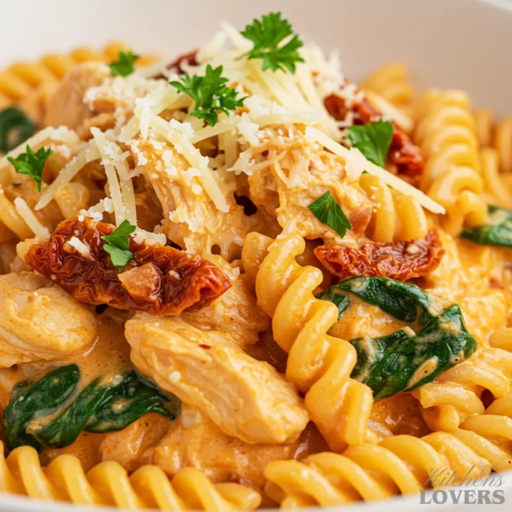 An extreme close-up of Marry Me Chicken Pasta showing the texture of the rotini, chicken, spinach, and creamy tomato sauce.