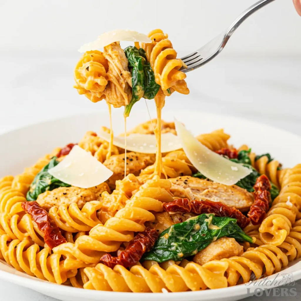 A fork lifting a perfect bite of Marry Me Chicken Pasta, with chicken and spinach, from a bowl.