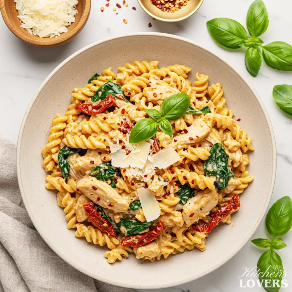 A top-down photo of creamy Marry Me Chicken Pasta with sun-dried tomatoes, spinach, and Parmesan cheese.